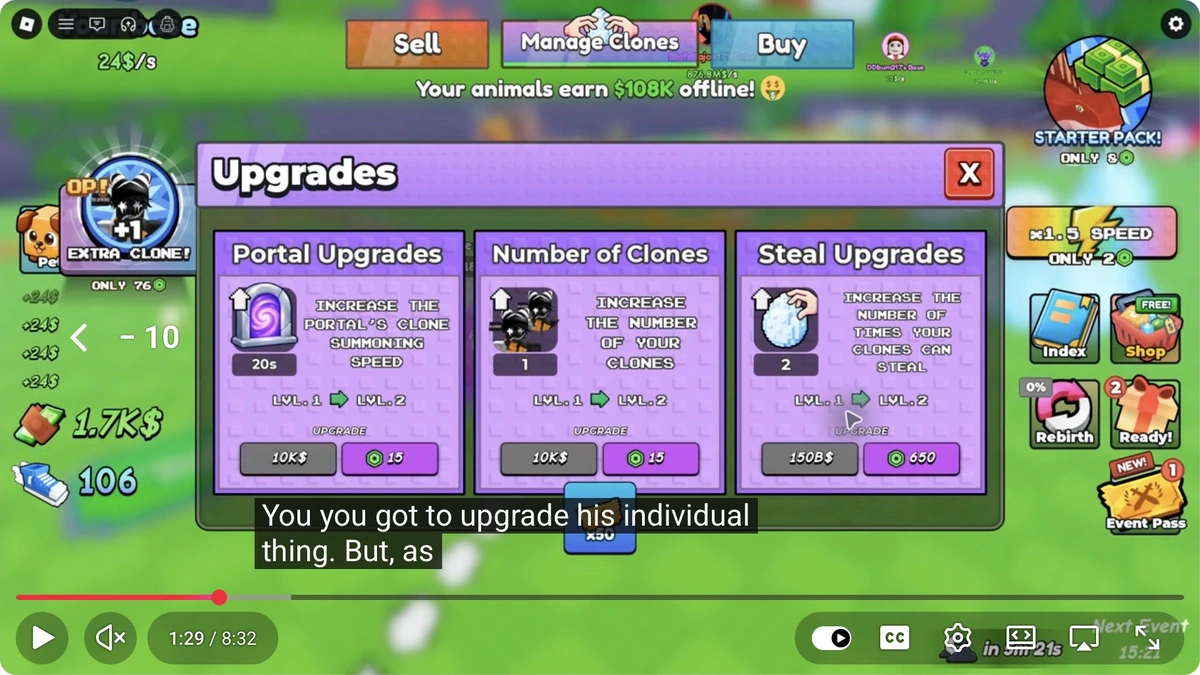 تضم قائمة الترقيات أعمدة مستقلة باسم Portal Upgrades وNumber of Clones وSteal Upgrades.